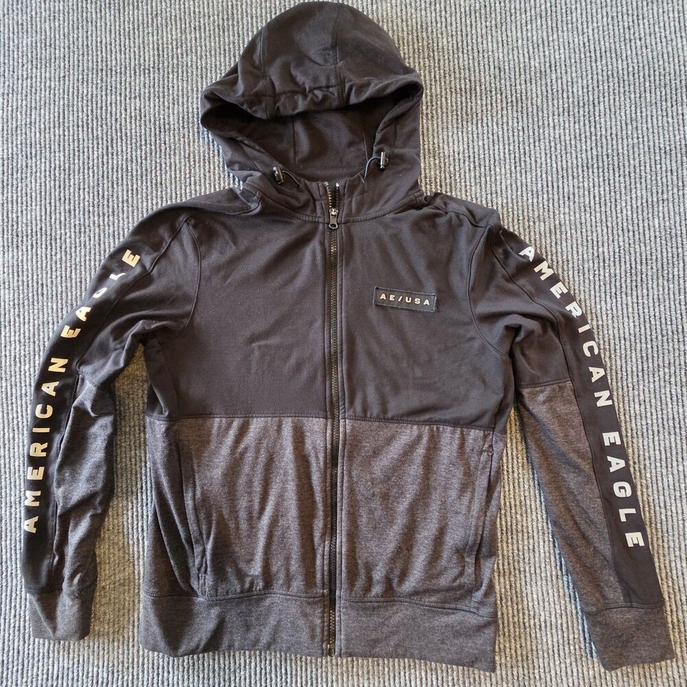 American Eagle Men’s S Black Full Zip Hoodie Hooded Pockets Logo Long Sleeve